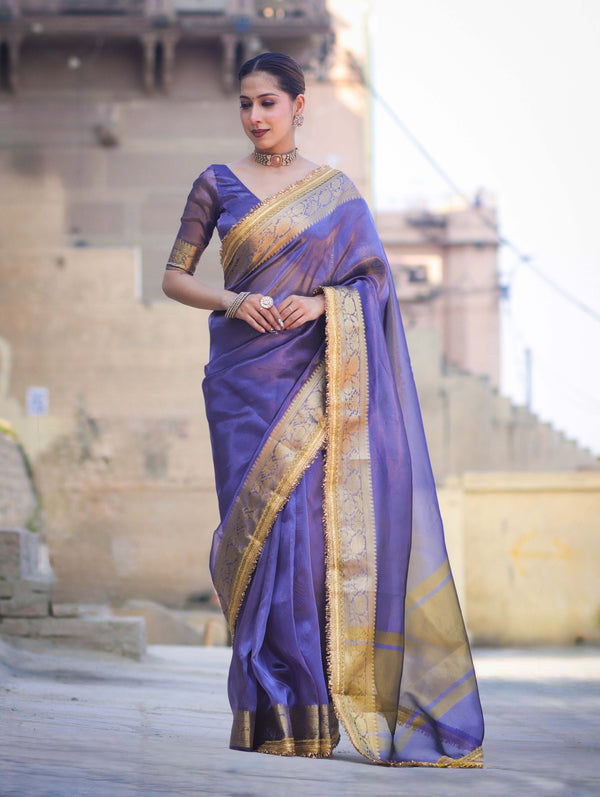 Banarasee Handloom Plain Tissue Saree With Zari Border & Lace-Dark Purple