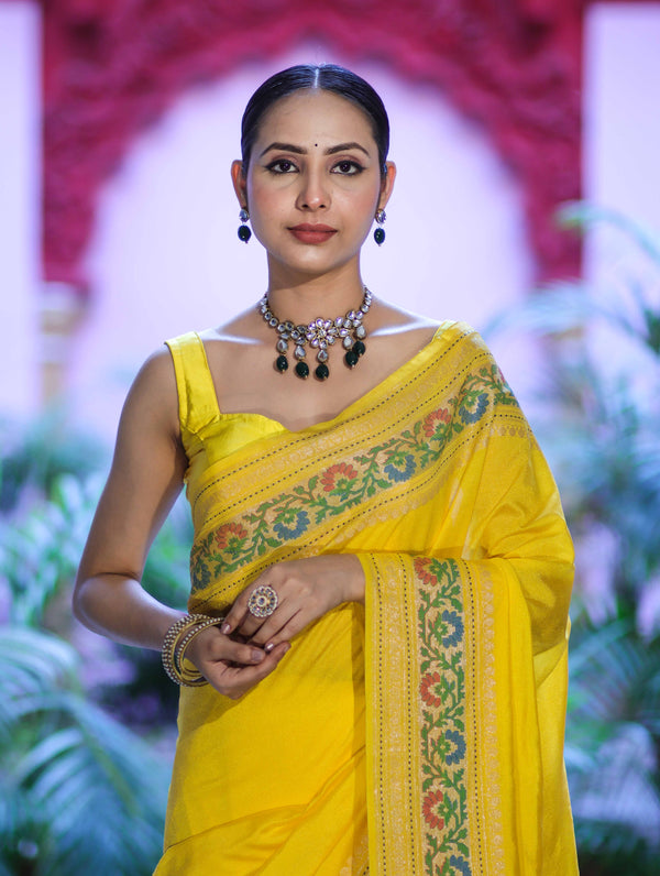 Banarasee Handloom Semi Silk Saree With Floral Zari Border & Meena Work Pallu-Light Yellow