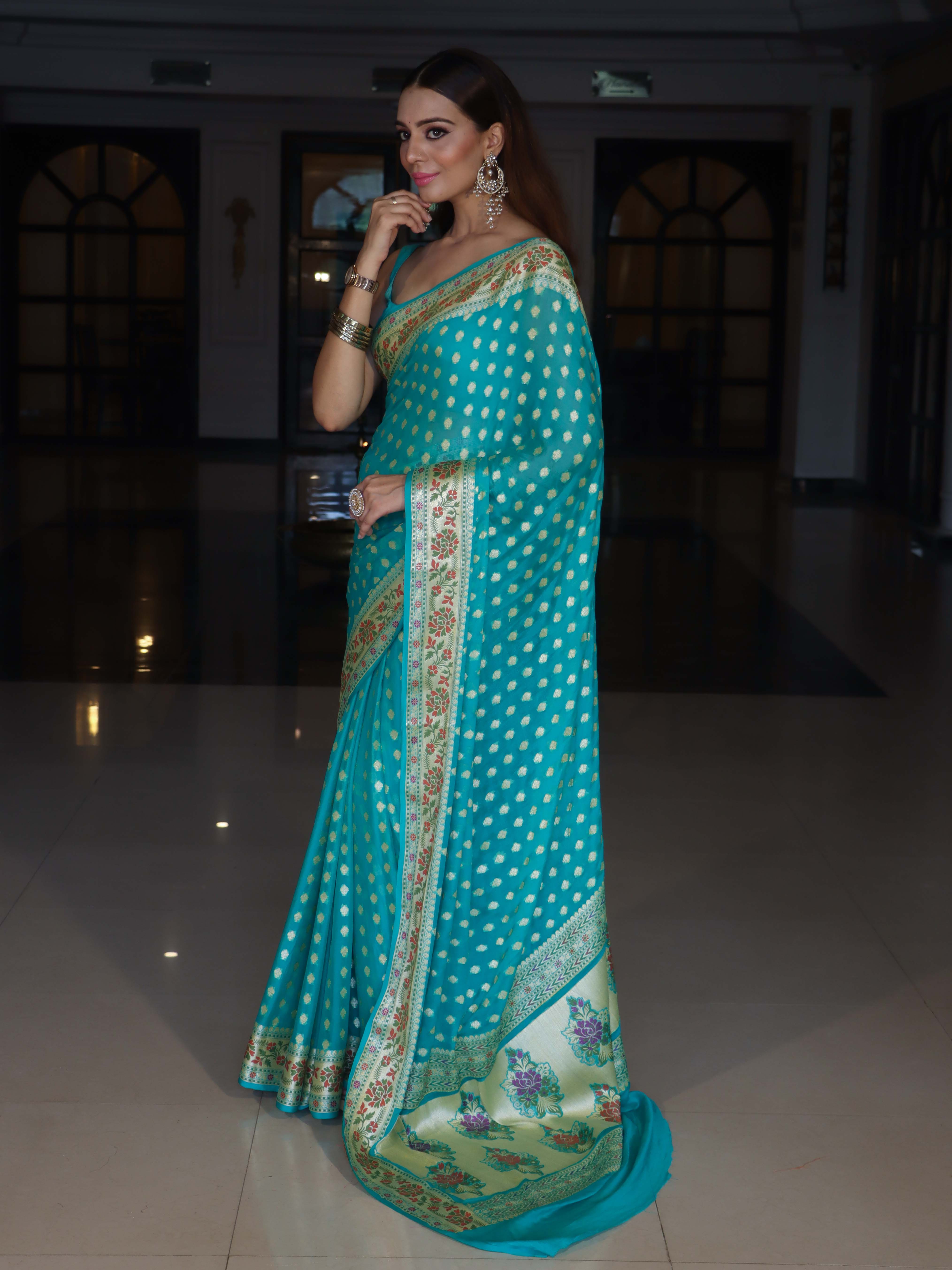 Banarasee Pure Chiffon Saree With Zari Buti Work & Floral Border-Turquoise