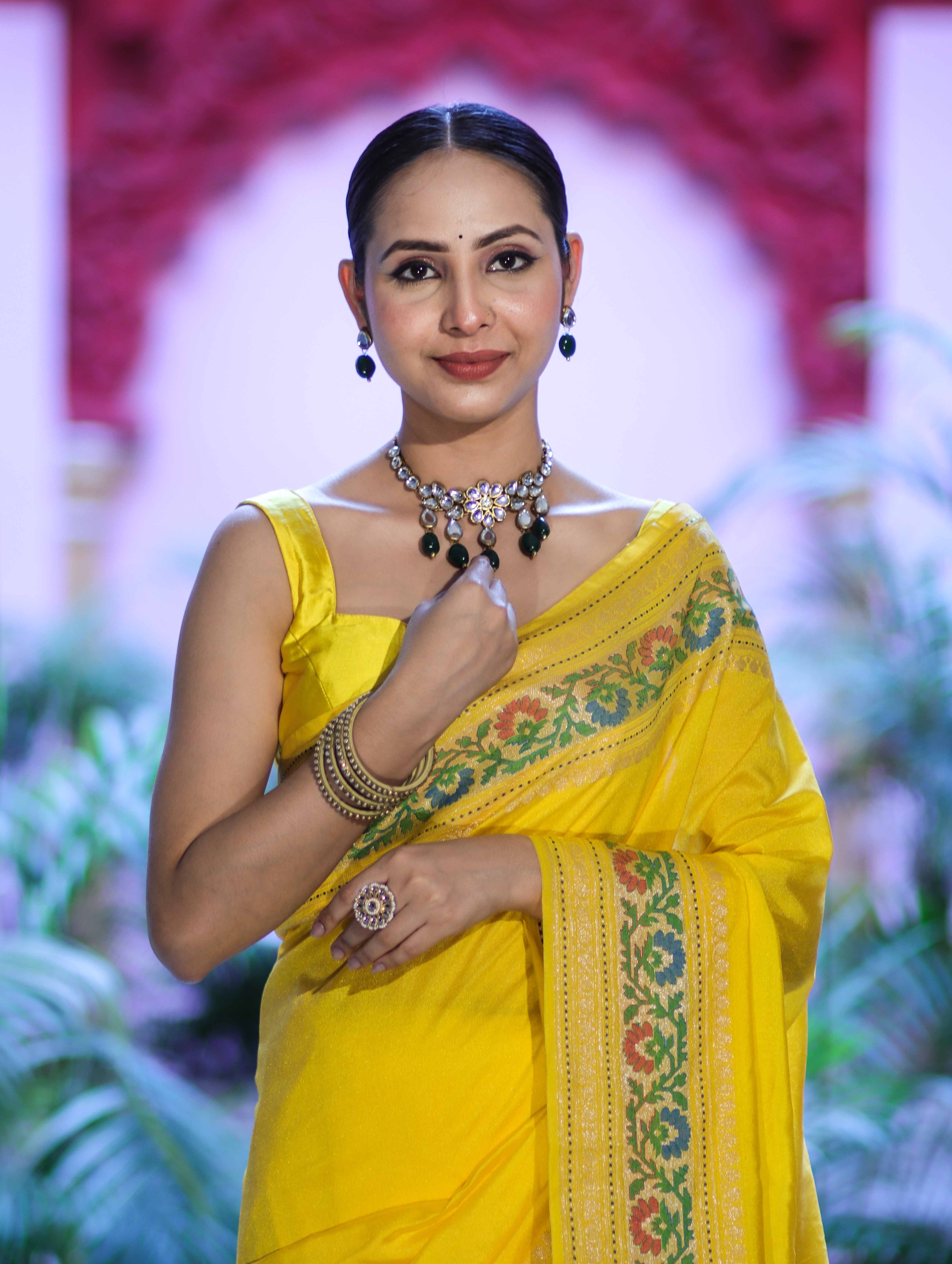 Banarasee Handloom Semi Silk Saree With Floral Zari Border & Meena Work Pallu-Light Yellow