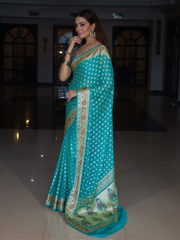 Banarasee Pure Chiffon Saree With Zari Buti Work & Floral Border-Turquoise