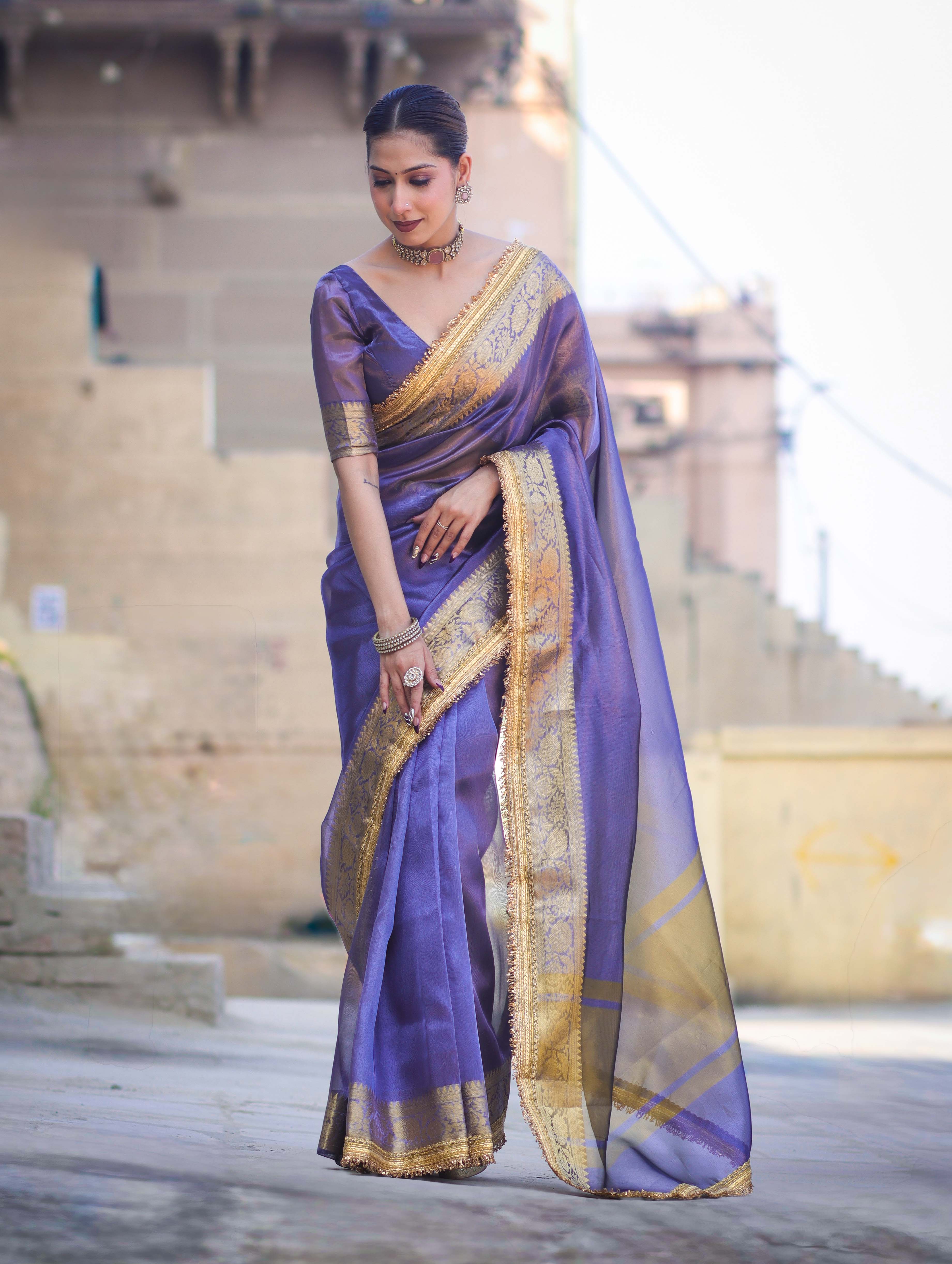 Banarasee Handloom Plain Tissue Saree With Zari Border & Lace-Dark Purple