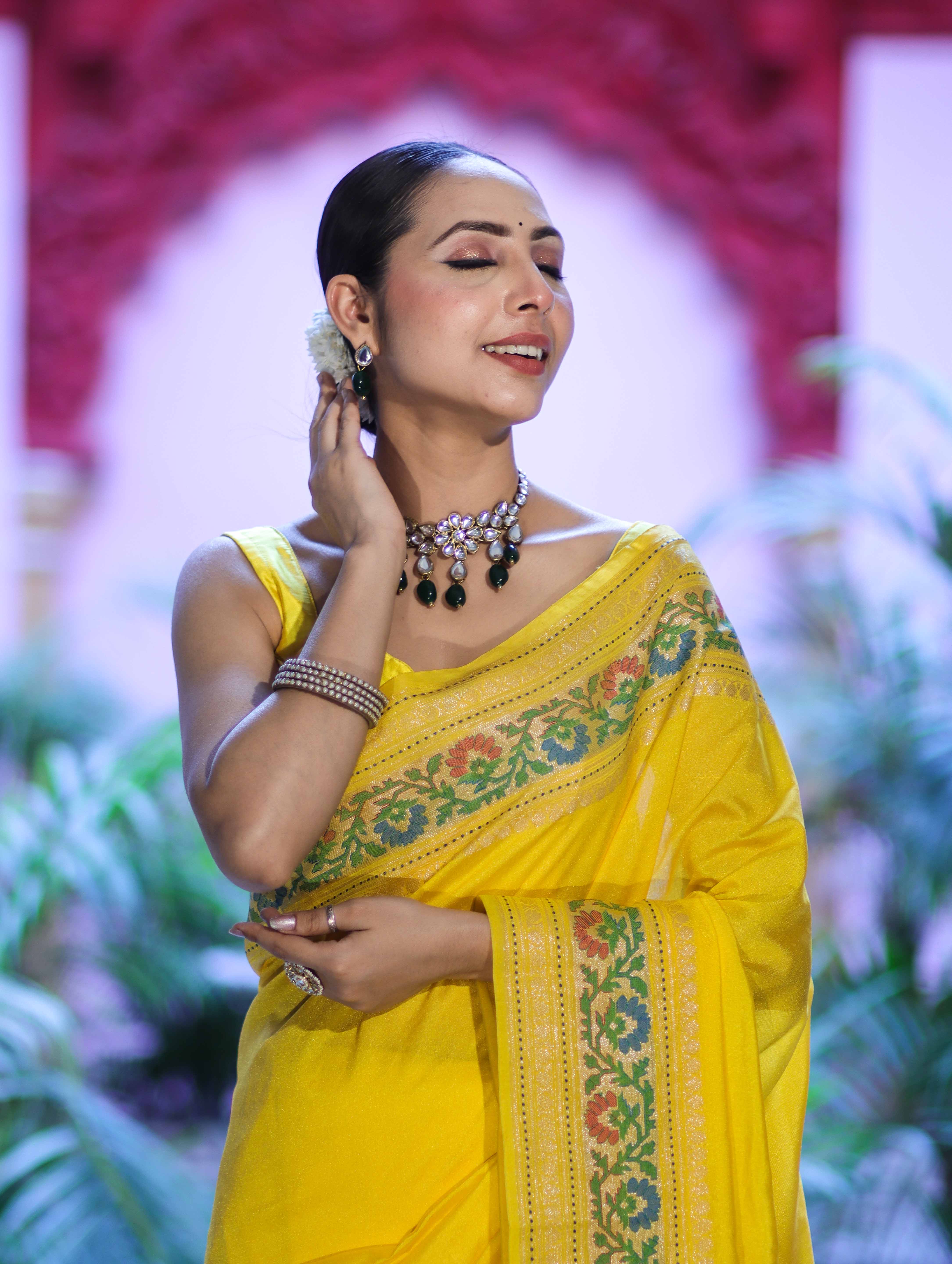 Banarasee Handloom Semi Silk Saree With Floral Zari Border & Meena Work Pallu-Light Yellow