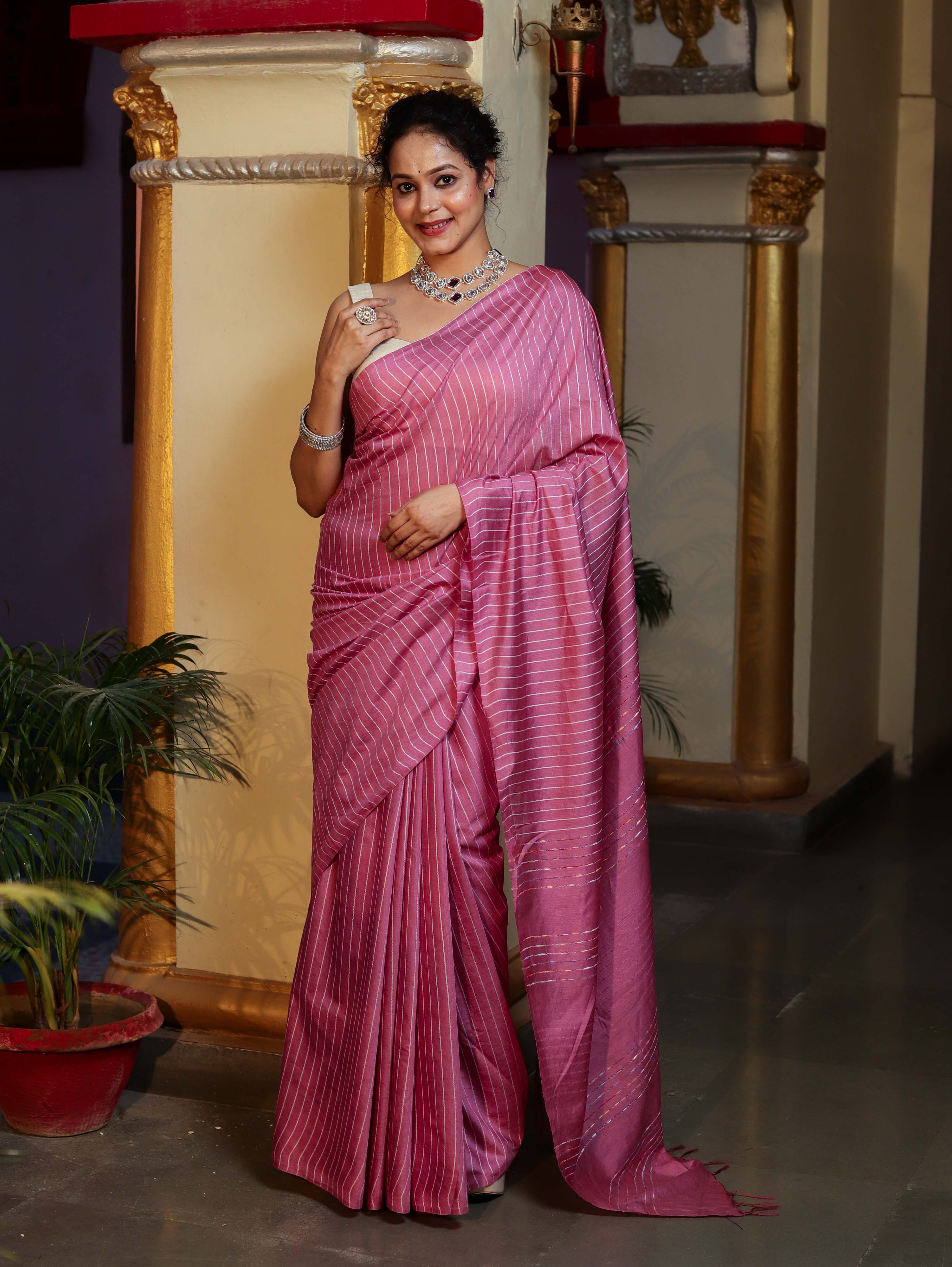 Bhagalpur Handloom Semi Silk Saree With Stripes Design-Onion Pink