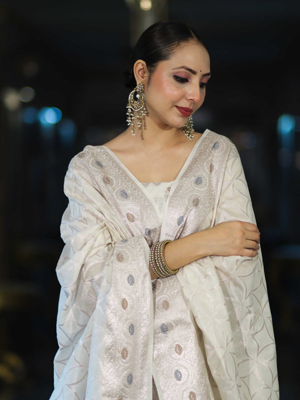 Banarasee Cotton Silk Zari Work Salwar Kameez Fabric With Dupatta Set-White