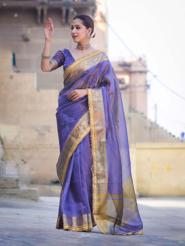 Banarasee Handloom Plain Tissue Saree With Zari Border & Lace-Dark Purple