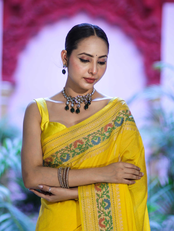 Banarasee Handloom Semi Silk Saree With Floral Zari Border & Meena Work Pallu-Light Yellow