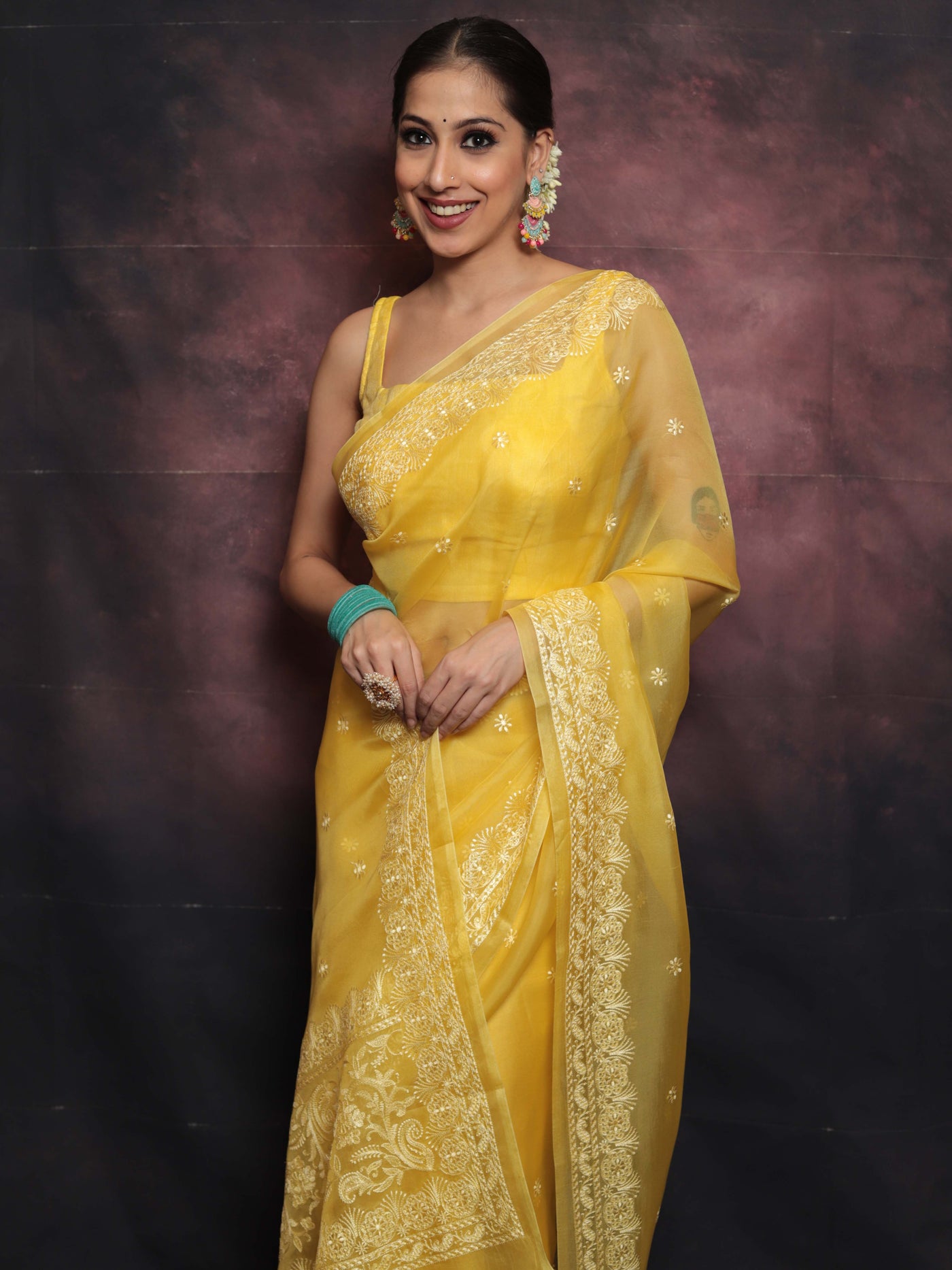 Yellow Organza Saree with Floral Resham Embroidery Work