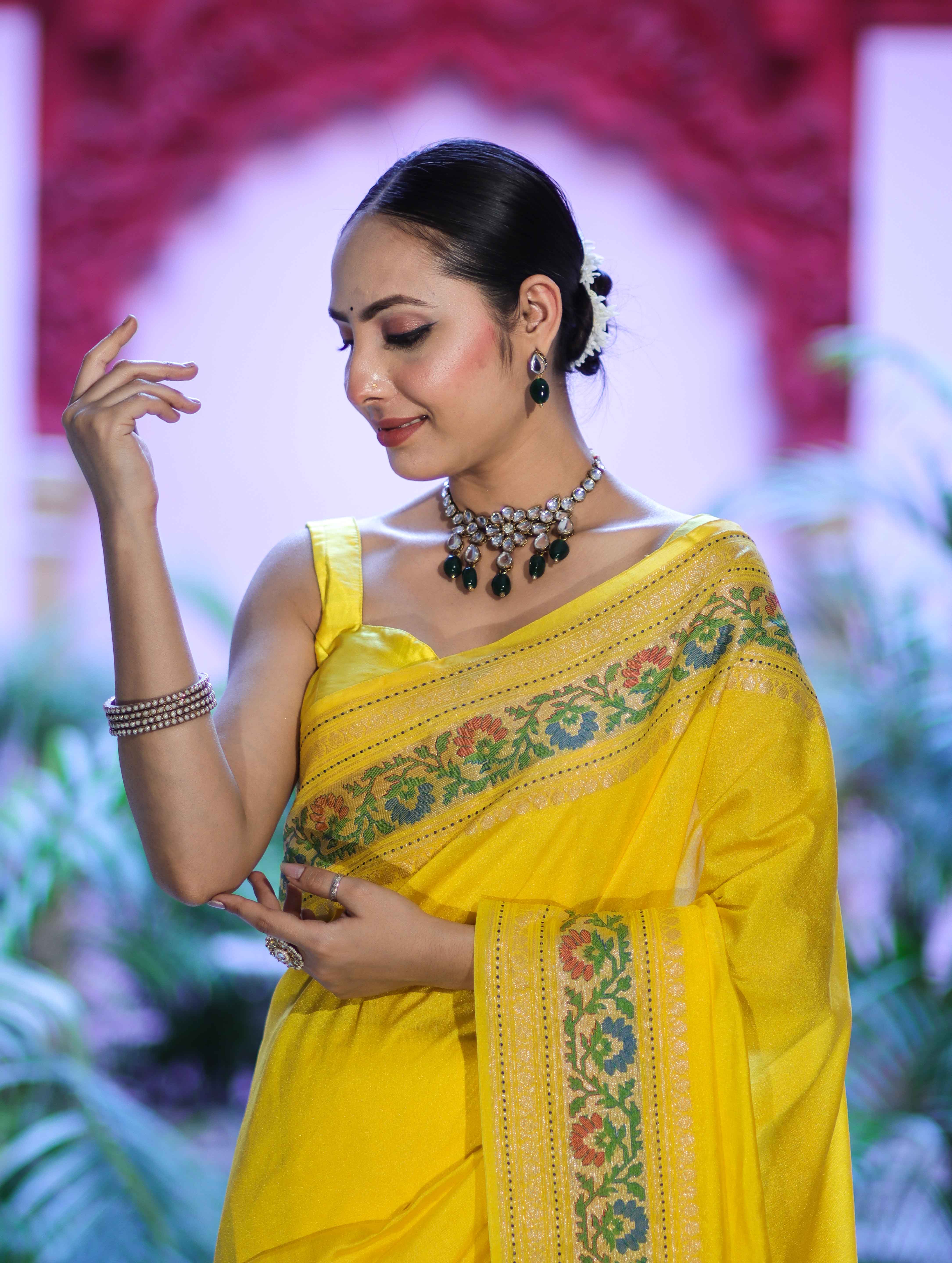 Banarasee Handloom Semi Silk Saree With Floral Zari Border & Meena Work Pallu-Light Yellow