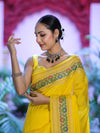 Banarasee Handloom Semi Silk Saree With Floral Zari Border & Meena Work Pallu-Light Yellow