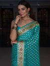 Banarasee Pure Chiffon Saree With Zari Buti Work & Floral Border-Turquoise
