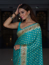Banarasee Pure Chiffon Saree With Zari Buti Work & Floral Border-Turquoise