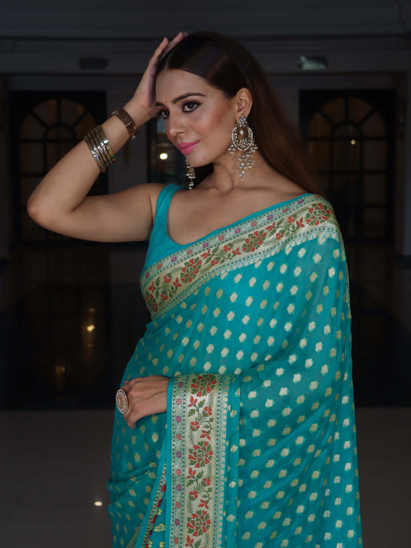 Banarasee Pure Chiffon Saree With Zari Buti Work & Floral Border-Turquoise
