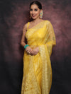 Banarasee Pure Organza Silk Saree With Floral Resham Embroidery-Yellow