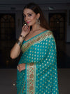 Banarasee Pure Chiffon Saree With Zari Buti Work & Floral Border-Turquoise