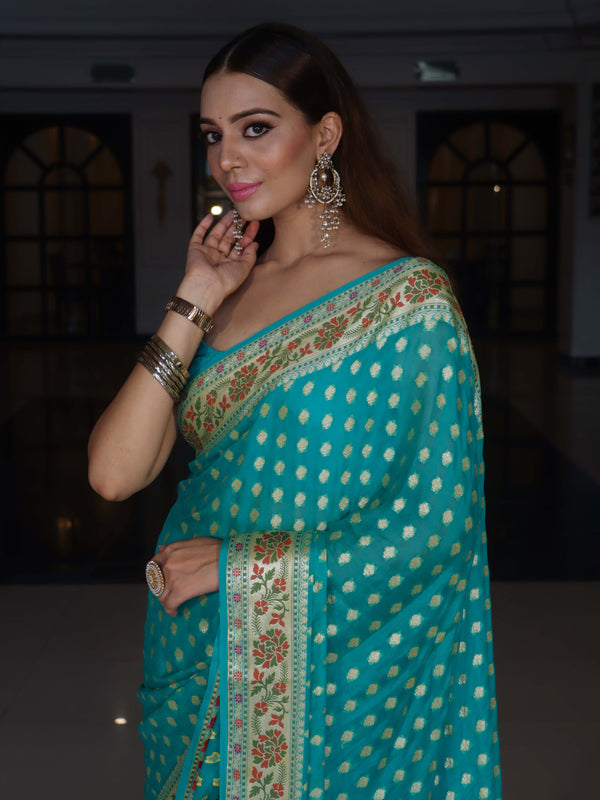 Banarasee Pure Chiffon Saree With Zari Buti Work & Floral Border-Turquoise
