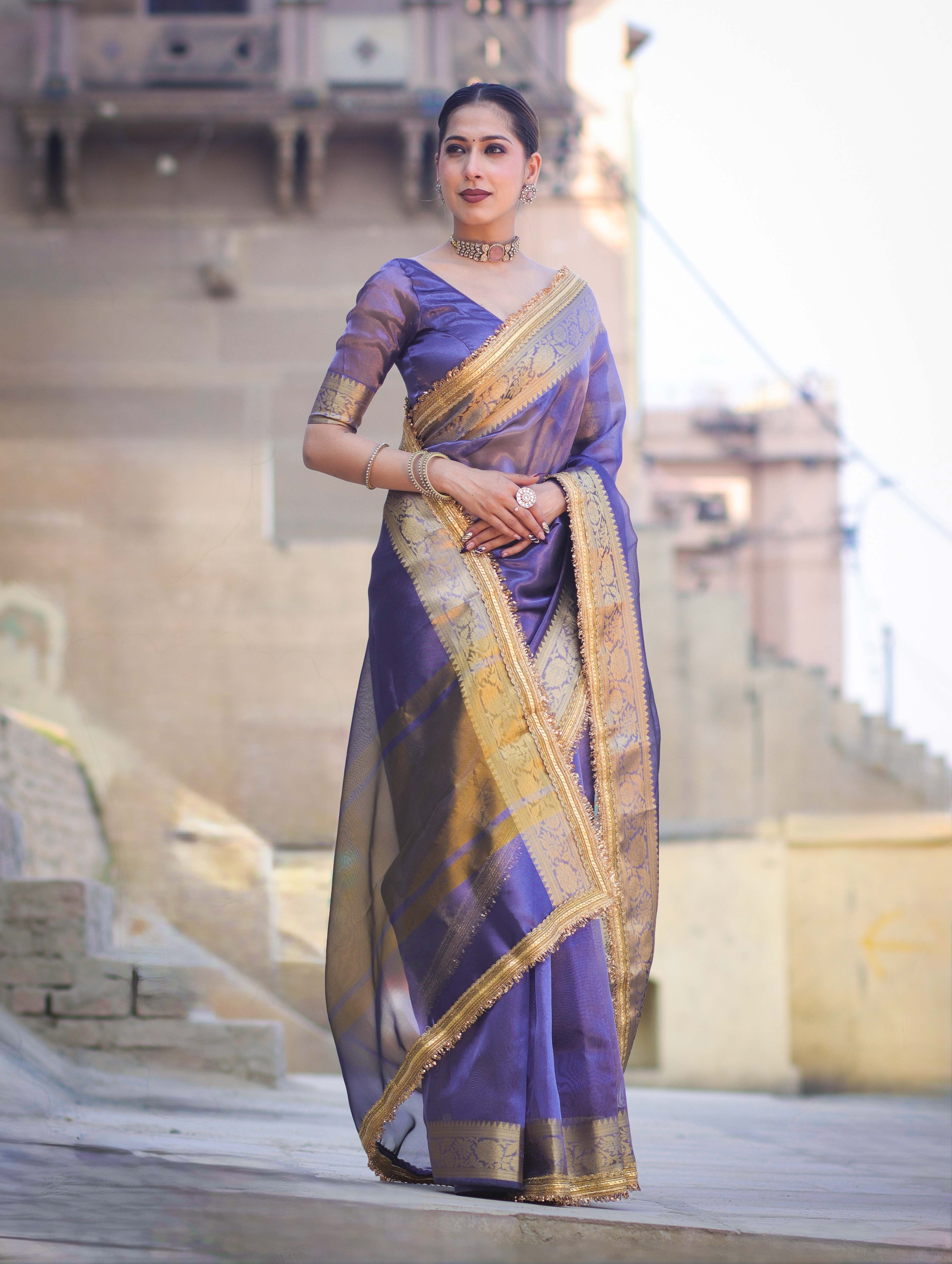 Banarasee Handloom Plain Tissue Saree With Zari Border & Lace-Dark Purple