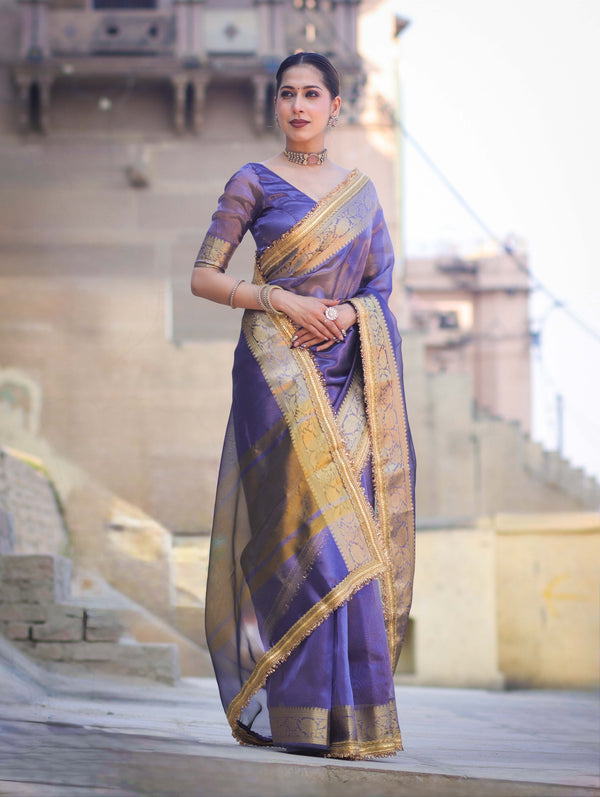 Banarasee Handloom Plain Tissue Saree With Zari Border & Lace-Dark Purple