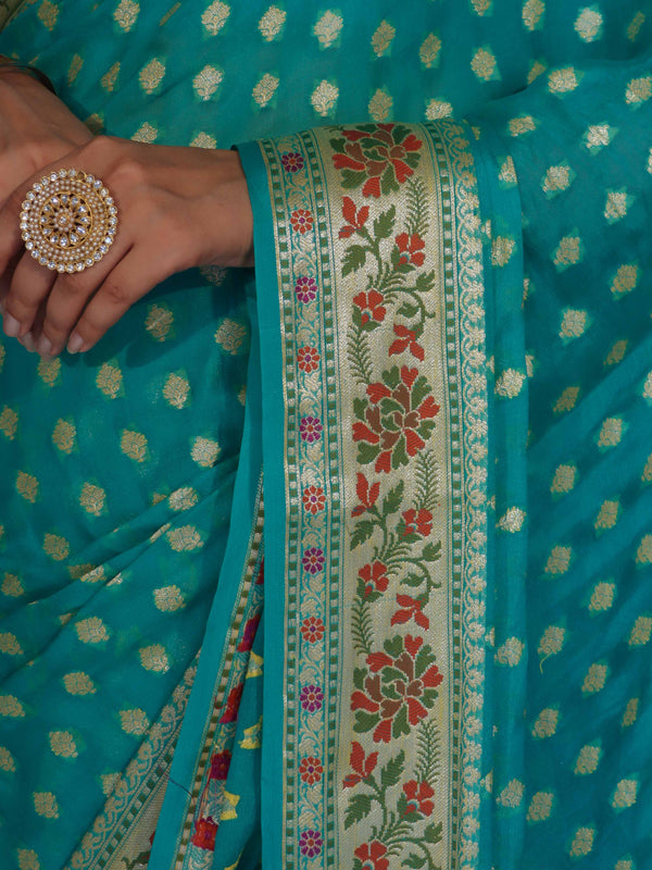 Banarasee Pure Chiffon Saree With Zari Buti Work & Floral Border-Turquoise