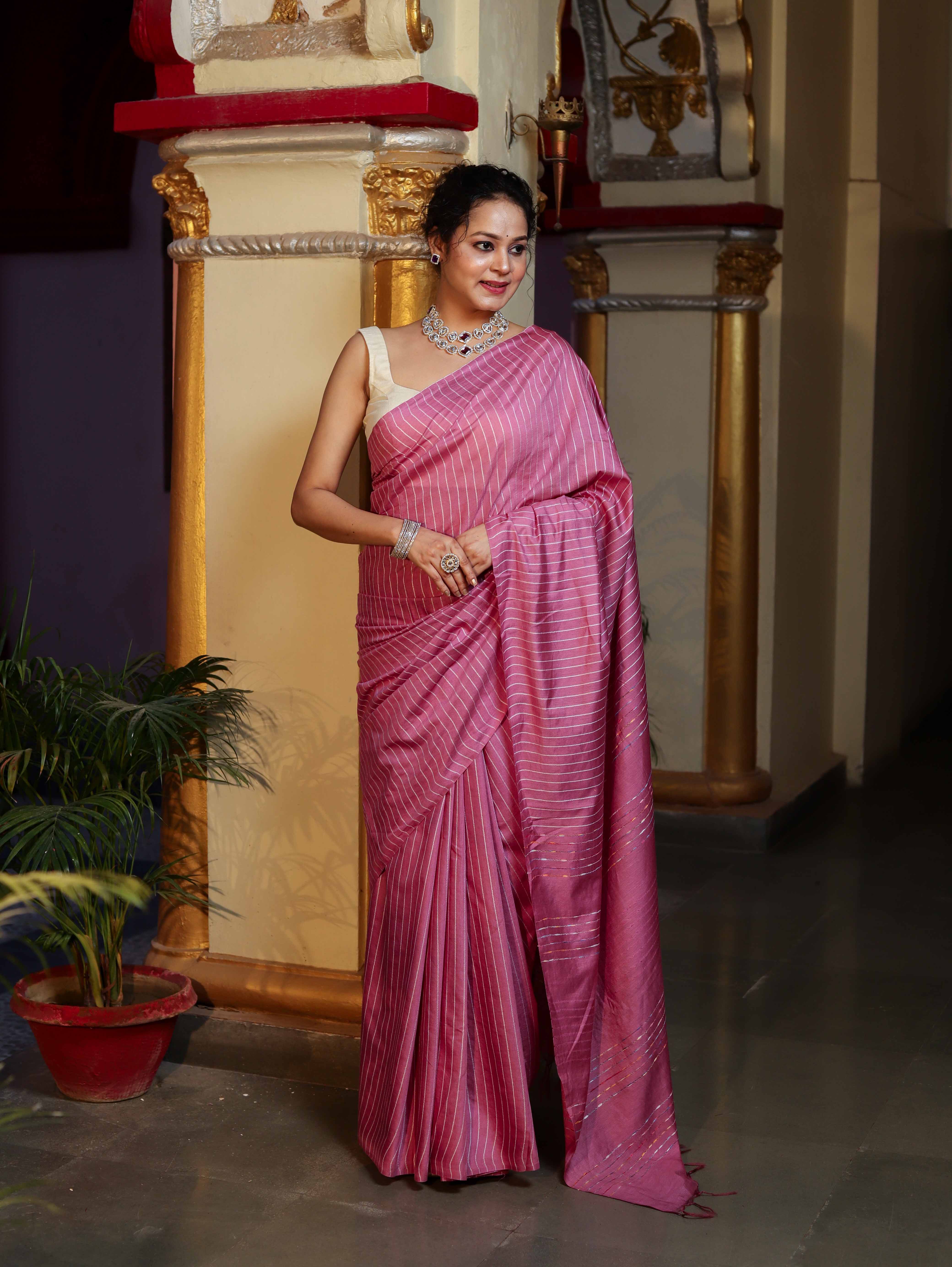 Bhagalpur Handloom Semi Silk Saree With Stripes Design-Onion Pink