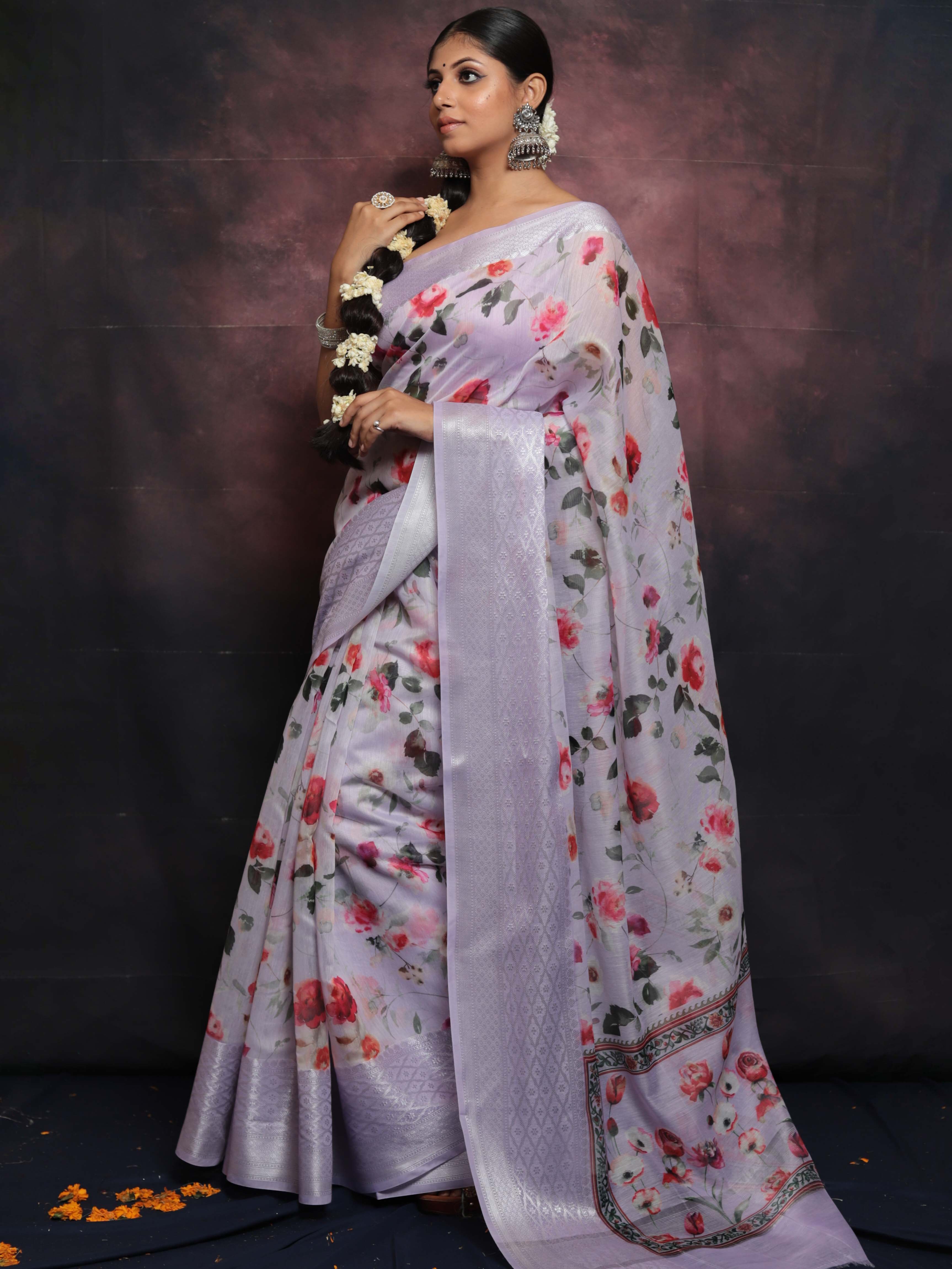 Banarasee Handloom Chanderi Digital Print Saree With Silver Zari Design-Lavender