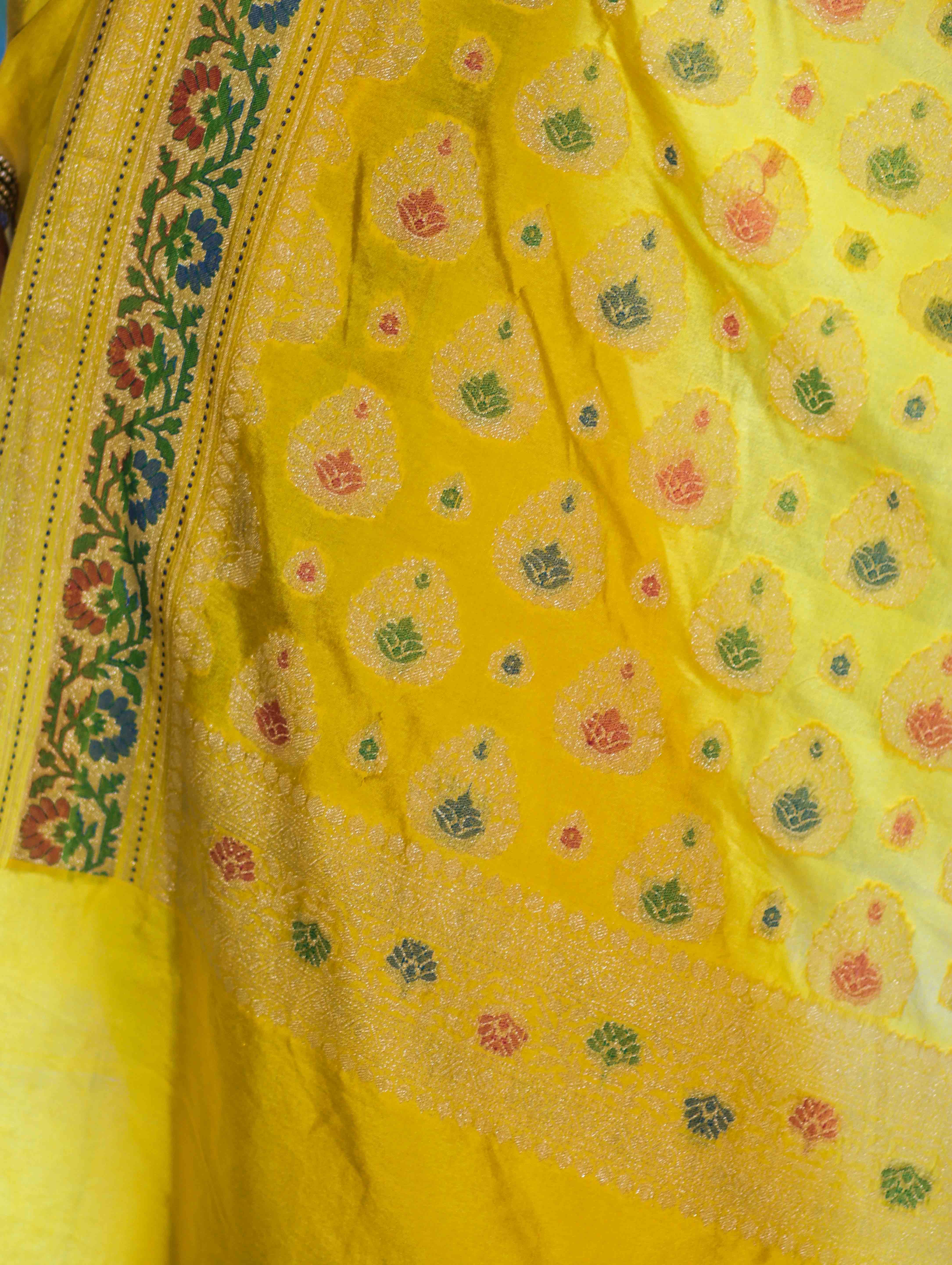 Banarasee Handloom Semi Silk Saree With Floral Zari Border & Meena Work Pallu-Light Yellow