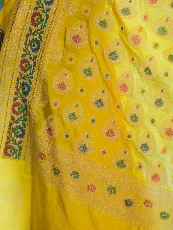 Banarasee Handloom Semi Silk Saree With Floral Zari Border & Meena Work Pallu-Light Yellow