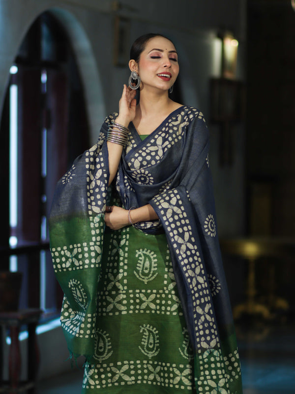 Pure Handloom Khadi Cotton Hand-Dyed Batik Pattern Salwar Kameez Dupatta Set-Blue & Green