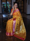Banarasee Organza Mix Saree With Zari Buta Design & Contrast Border-Yellow & Pink