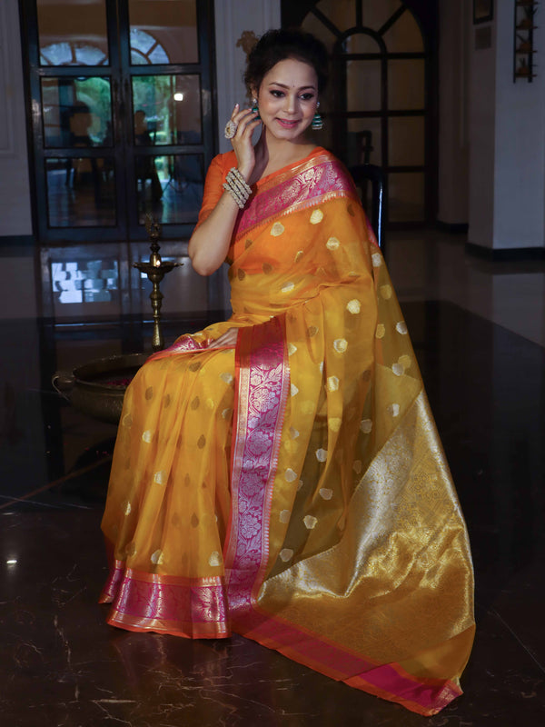 Banarasee Organza Mix Saree With Zari Buta Design & Contrast Border-Yellow & Pink