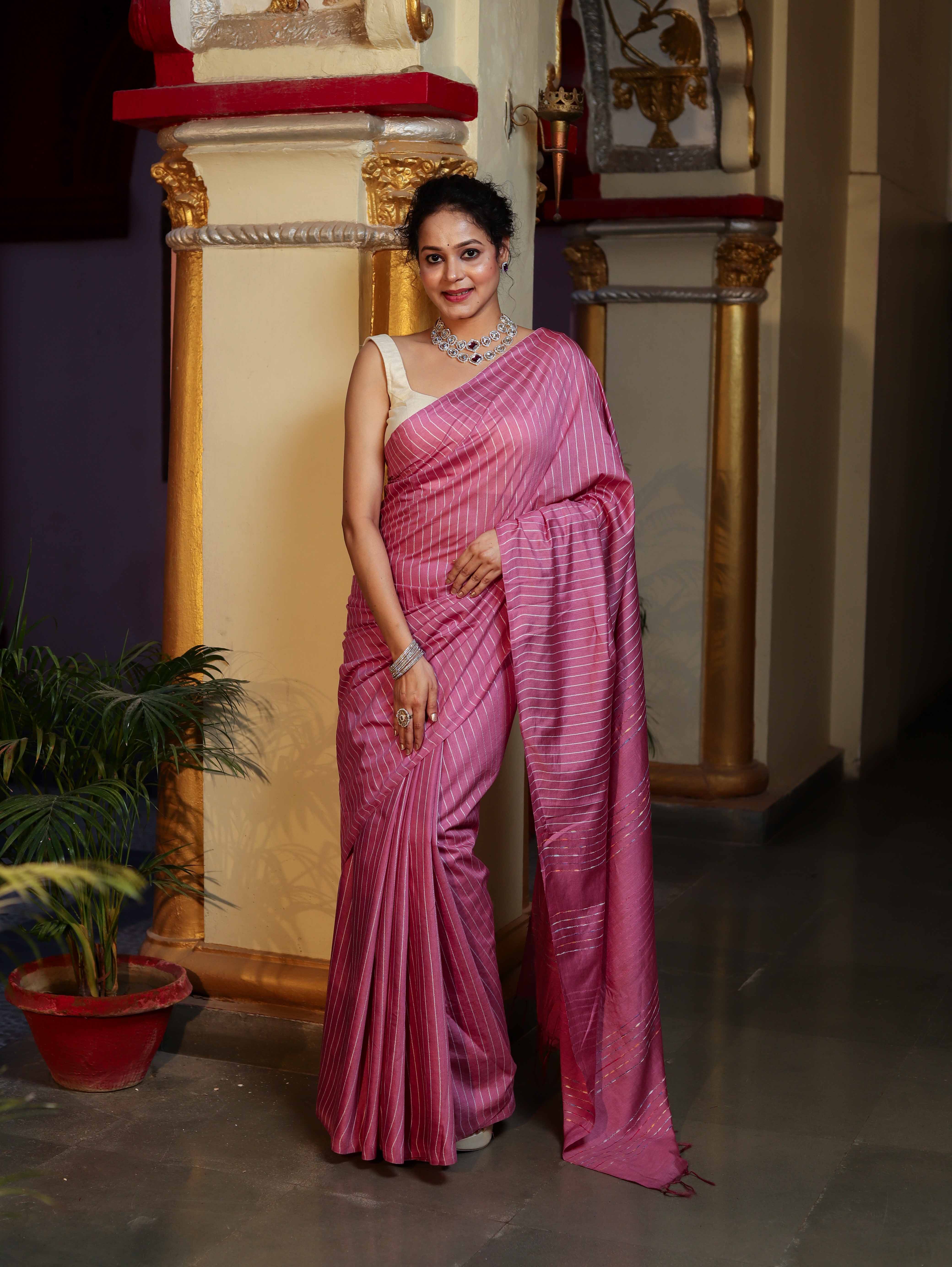 Bhagalpur Handloom Semi Silk Saree With Stripes Design-Onion Pink