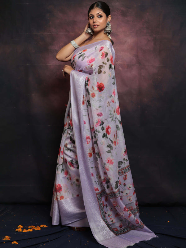 Banarasee Handloom Chanderi Digital Print Saree With Silver Zari Design-Lavender