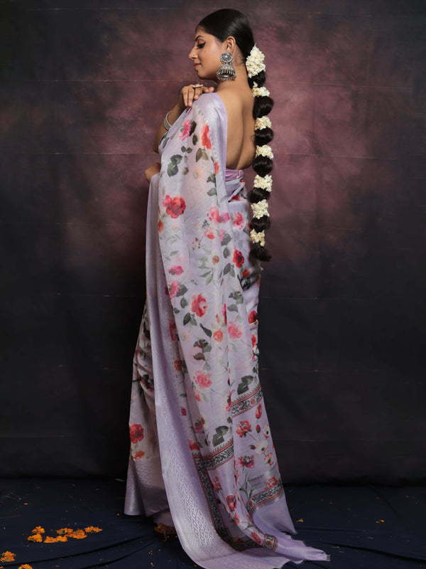 Banarasee Handloom Chanderi Digital Print Saree With Silver Zari Design-Lavender