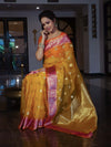 Banarasee Organza Mix Saree With Zari Buta Design & Contrast Border-Yellow & Pink