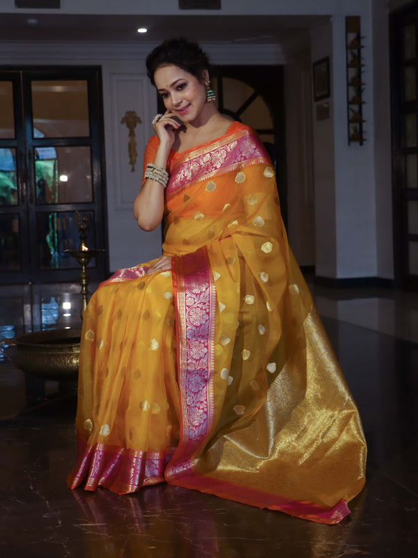 Banarasee Organza Mix Saree With Zari Buta Design & Contrast Border-Yellow & Pink