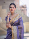 Banarasee Handloom Plain Tissue Saree With Zari Border & Lace-Dark Purple