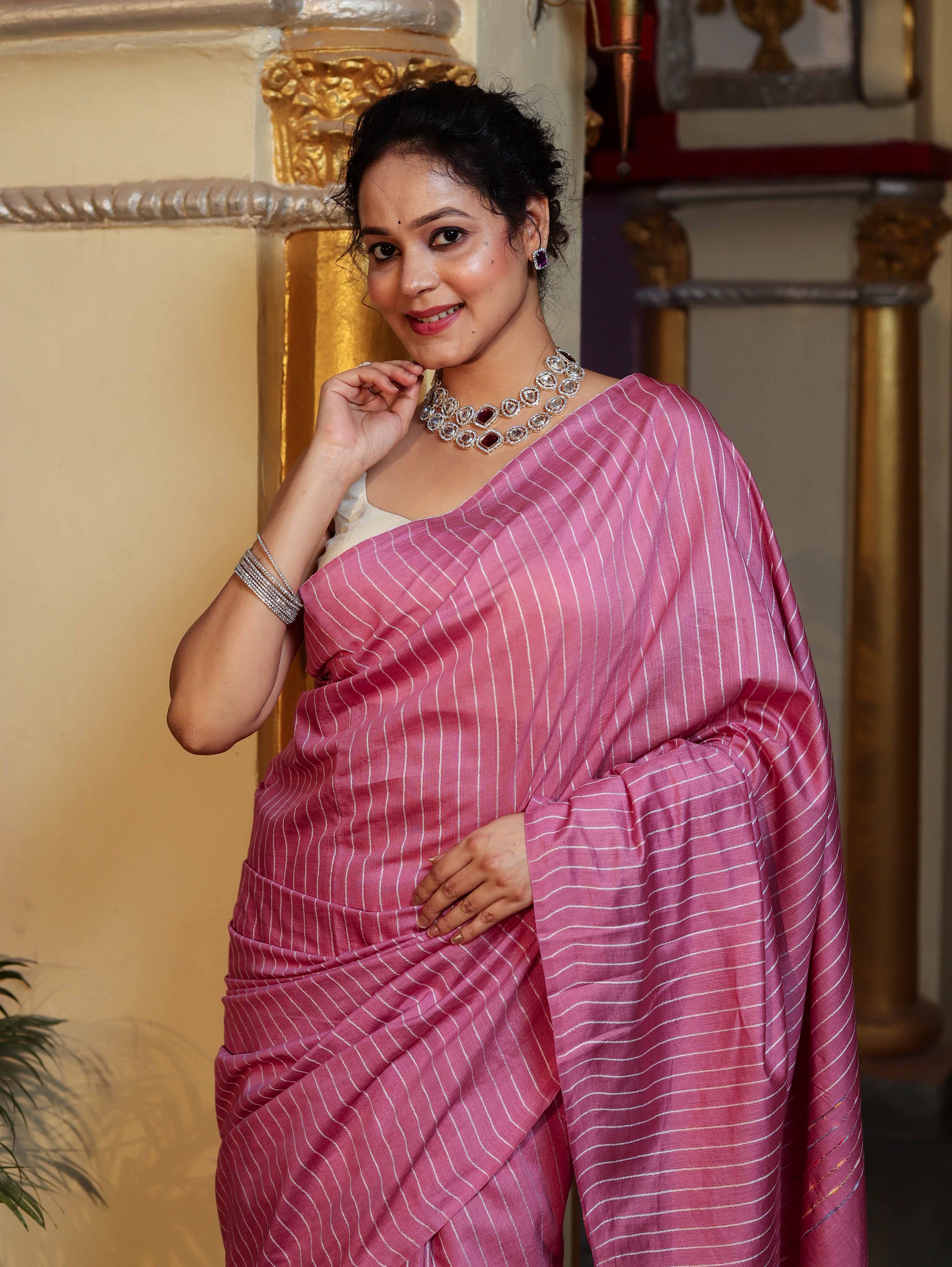 Bhagalpur Handloom Semi Silk Saree With Stripes Design-Onion Pink