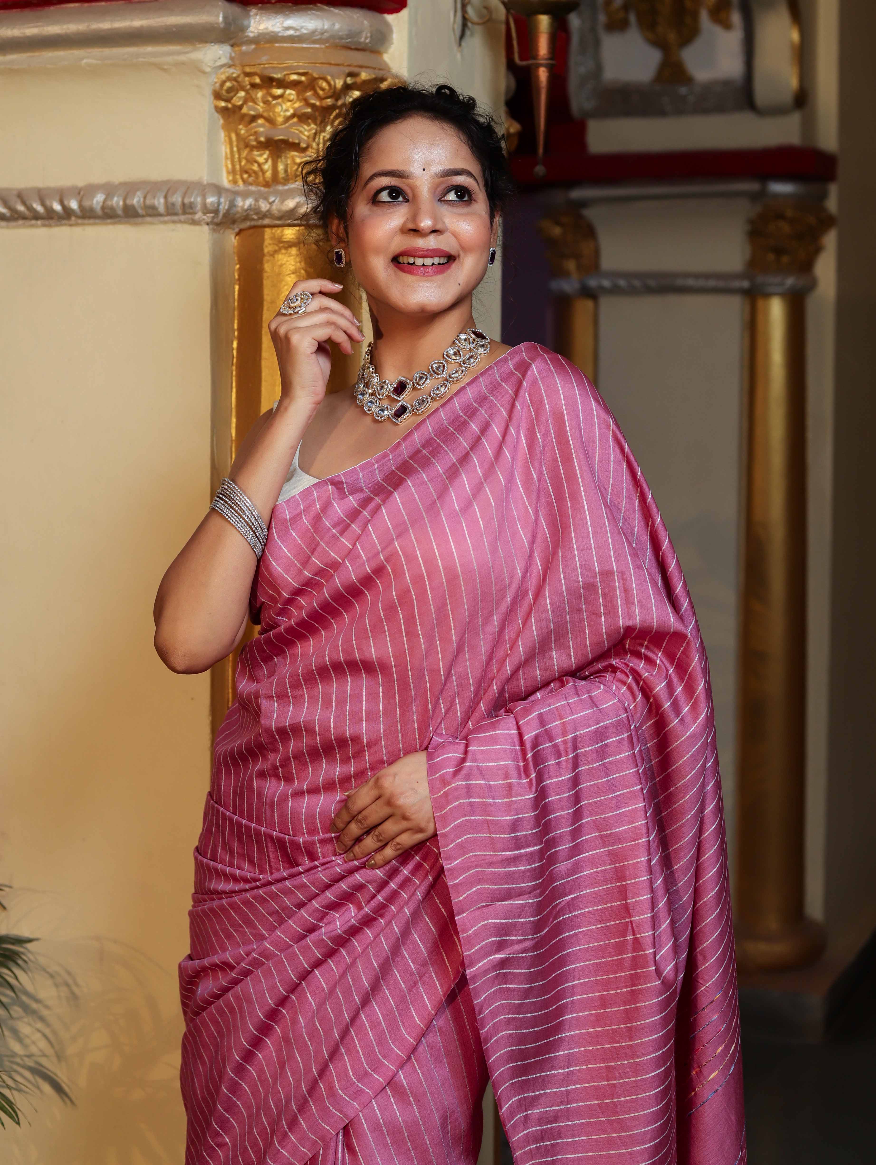 Bhagalpur Handloom Semi Silk Saree With Stripes Design-Onion Pink