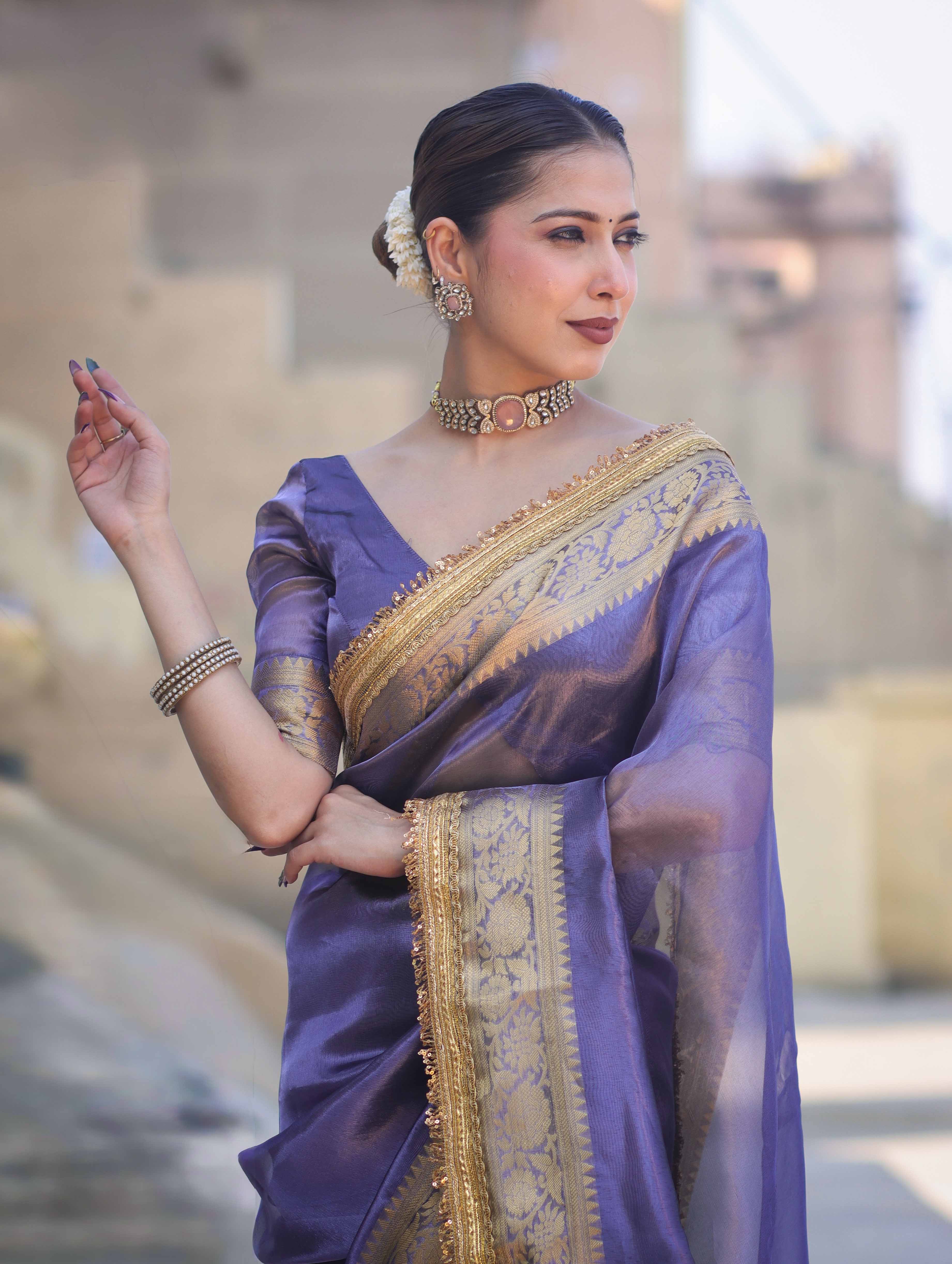 Banarasee Handloom Plain Tissue Saree With Zari Border & Lace-Dark Purple