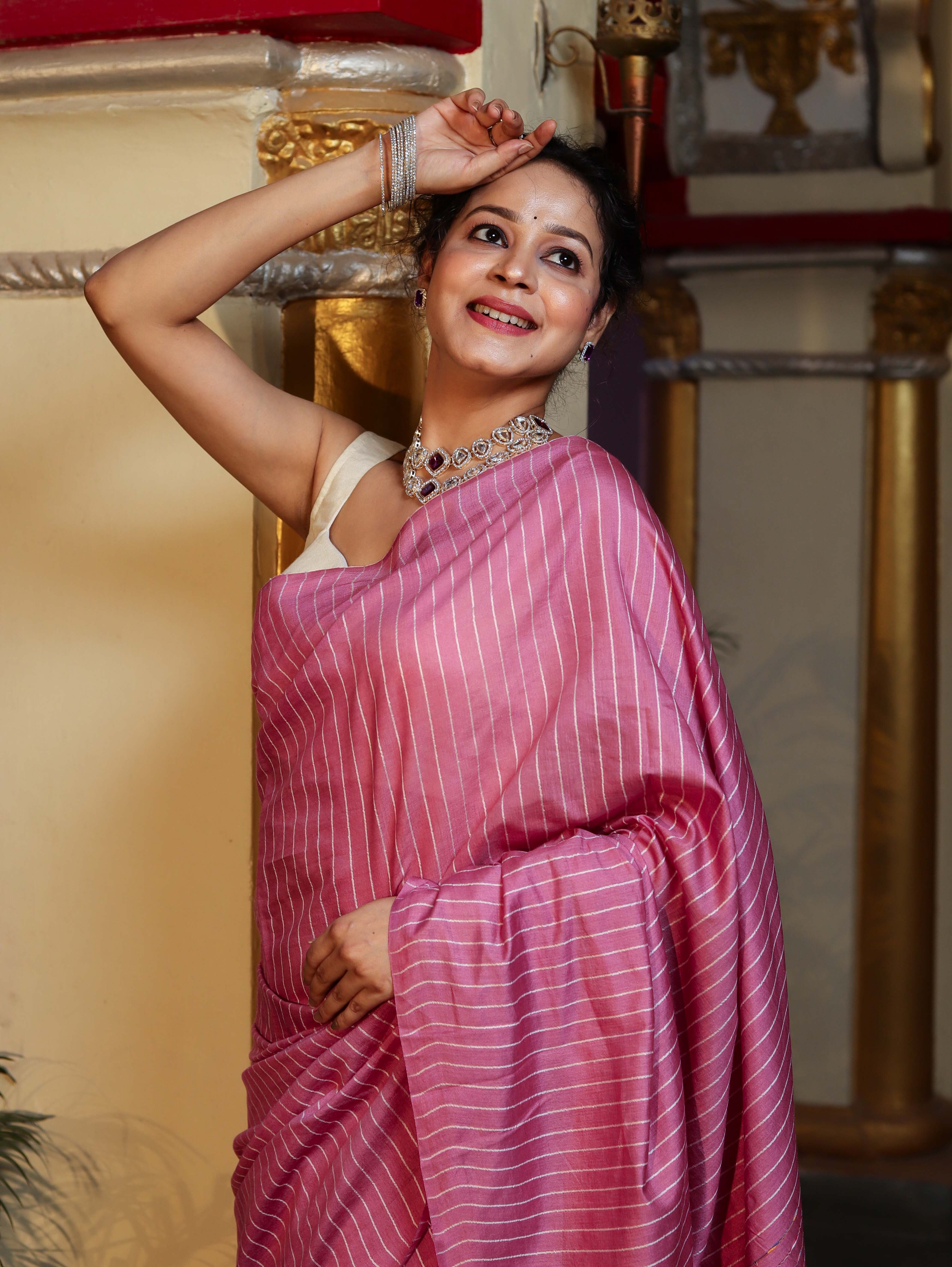 Bhagalpur Handloom Semi Silk Saree With Stripes Design-Onion Pink