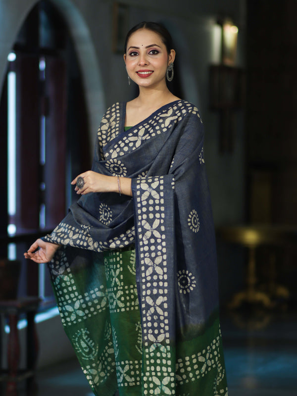 Pure Handloom Khadi Cotton Hand-Dyed Batik Pattern Salwar Kameez Dupatta Set-Blue & Green