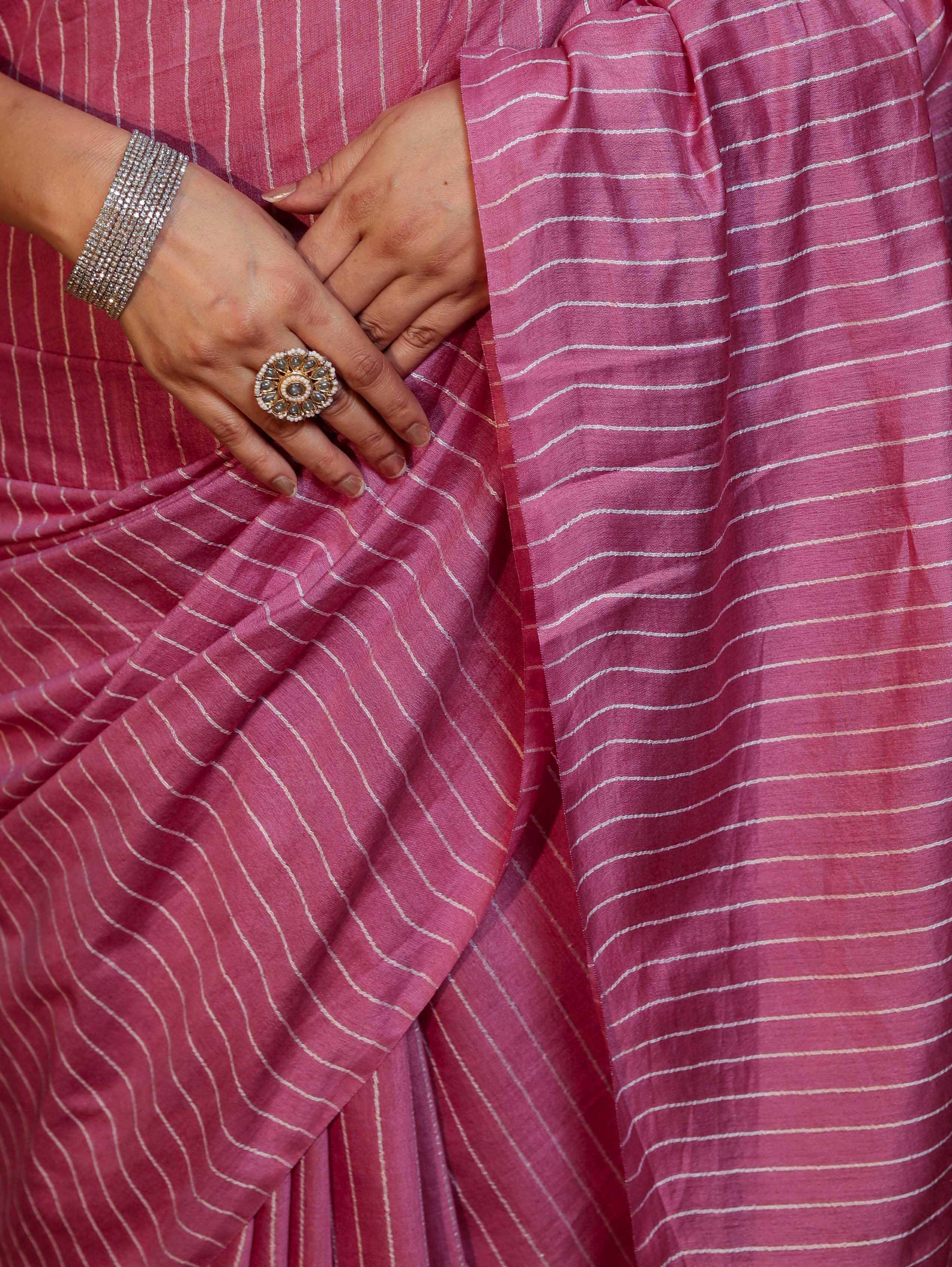 Bhagalpur Handloom Semi Silk Saree With Stripes Design-Onion Pink