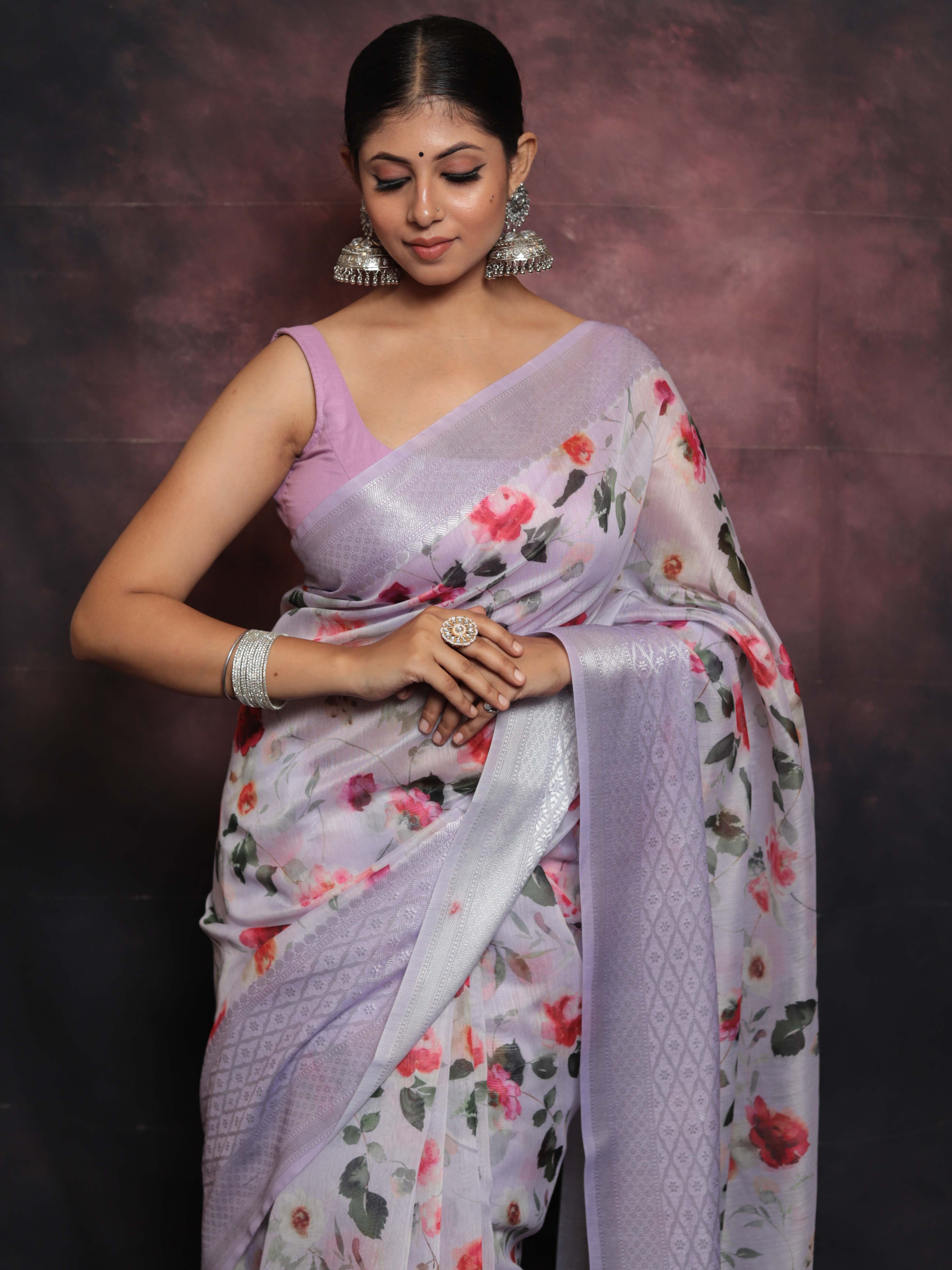 Banarasee Handloom Chanderi Digital Print Saree With Silver Zari Design-Lavender