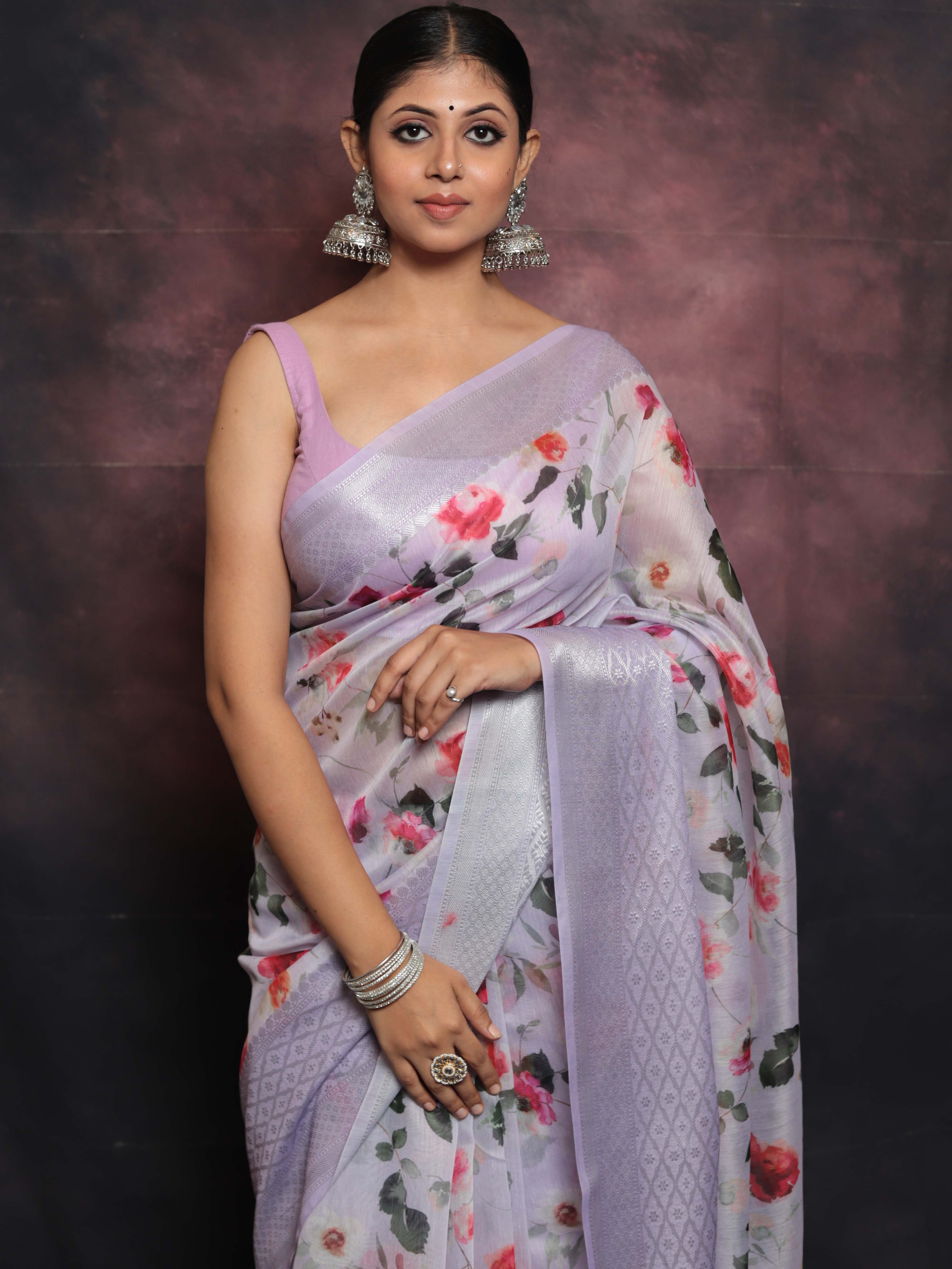Banarasee Handloom Chanderi Digital Print Saree With Silver Zari Design-Lavender