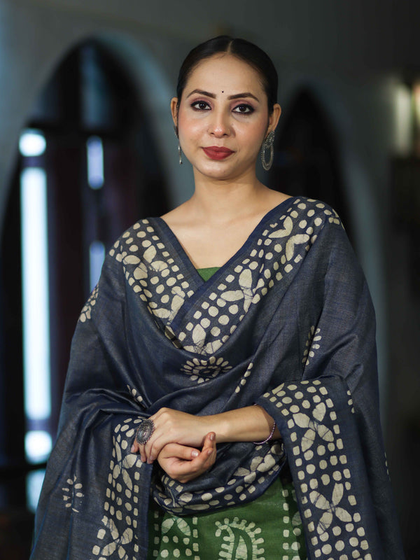 Pure Handloom Khadi Cotton Hand-Dyed Batik Pattern Salwar Kameez Dupatta Set-Blue & Green