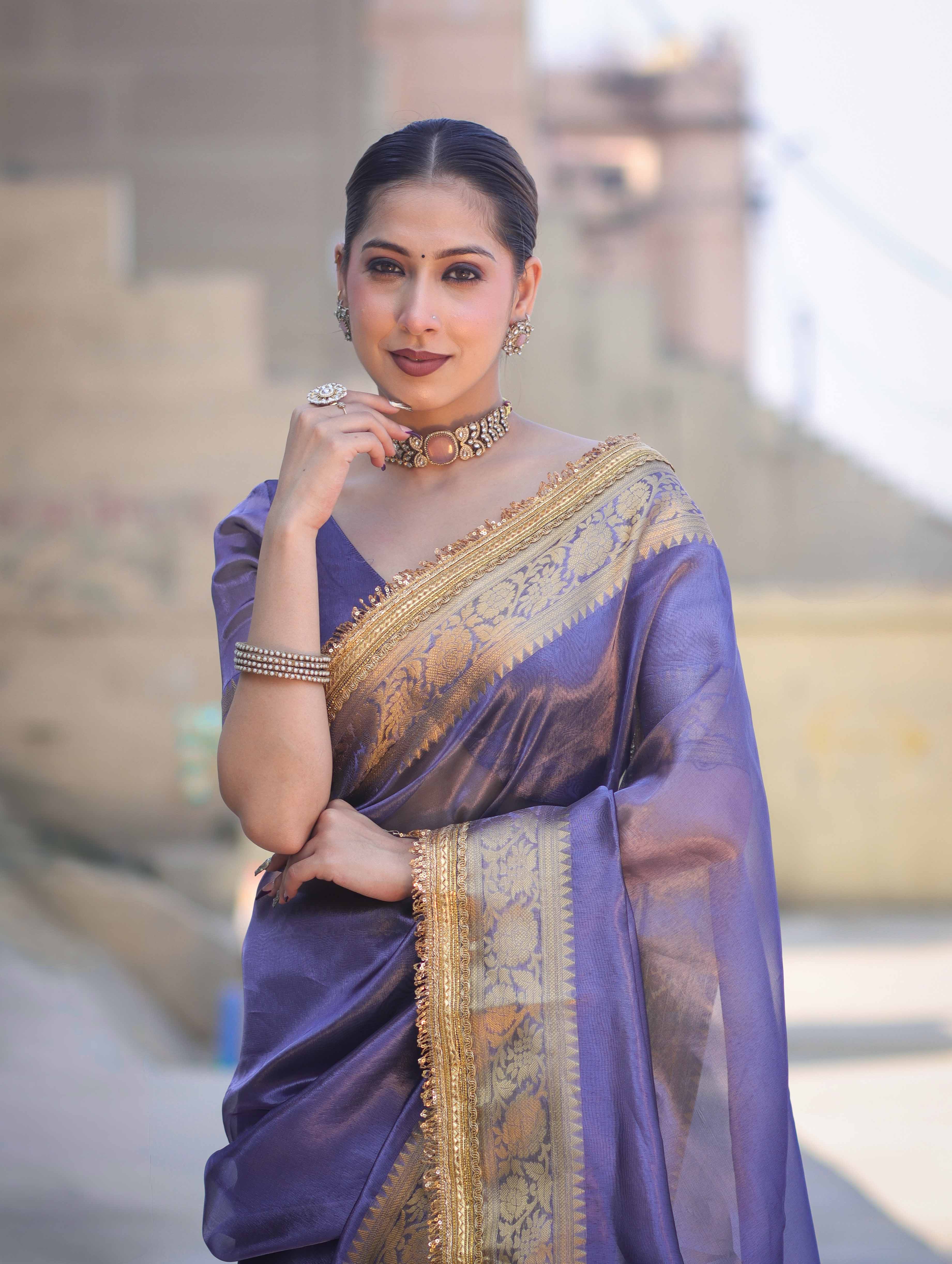 Banarasee Handloom Plain Tissue Saree With Zari Border & Lace-Dark Purple