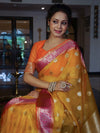 Banarasee Organza Mix Saree With Zari Buta Design & Contrast Border-Yellow & Pink