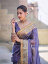 Banarasee Handloom Plain Tissue Saree With Zari Border & Lace-Dark Purple