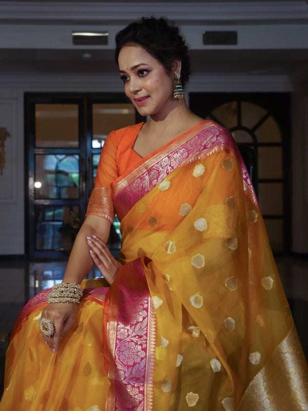 Banarasee Organza Mix Saree With Zari Buta Design & Contrast Border-Yellow & Pink