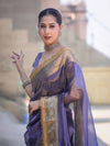 Banarasee Handloom Plain Tissue Saree With Zari Border & Lace-Dark Purple